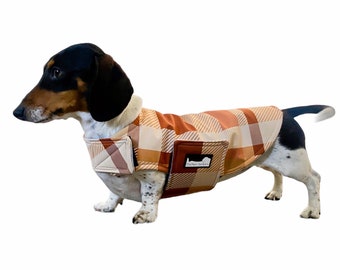 Caramel Delight Dachshund Raincoat – Waterproof Fleece-Lined Dog Jacket | Extra-Long Back | Handmade | Harness Hole
