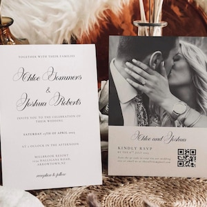 May include: Wedding invitation suite with two cards. One card displays the names "Chloe Sommers & Joshua Roberts" and wedding details. The other card has a black and white photo of a kissing couple and the names "Chloe and Joshua".