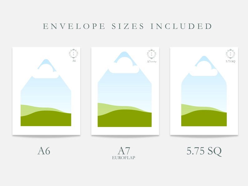 Pu&ograve; includere: Tre modelli di buste bianche con un design paesaggistico, ciascuno con una forma diversa. Le buste sono etichettate A6, A7 Euroflap e 5,75 SQ. Il testo "ENVELOPE SIZES INCLUDED" &egrave; nella parte superiore dell'immagine.