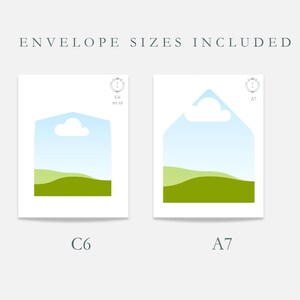 Pu&ograve; includere: Due buste bianche, formati C6 e A7, con un design paesaggistico con cielo blu, nuvola bianca e colline verdi. Il testo "ENVELOPE SIZES INCLUDED" &egrave; in alto.