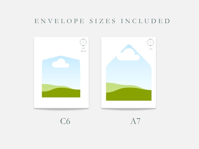 Pu&ograve; includere: Due buste bianche, formati C6 e A7, con un design paesaggistico con cielo blu, nuvola bianca e colline verdi. Il testo "ENVELOPE SIZES INCLUDED" &egrave; in alto.