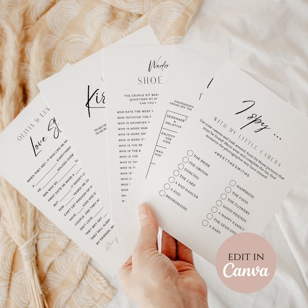 Wedding Table Games Bundle canva template, minimalist Games for Wedding Table, Reception Games, mad libs, love story, wedding bingo, I spy