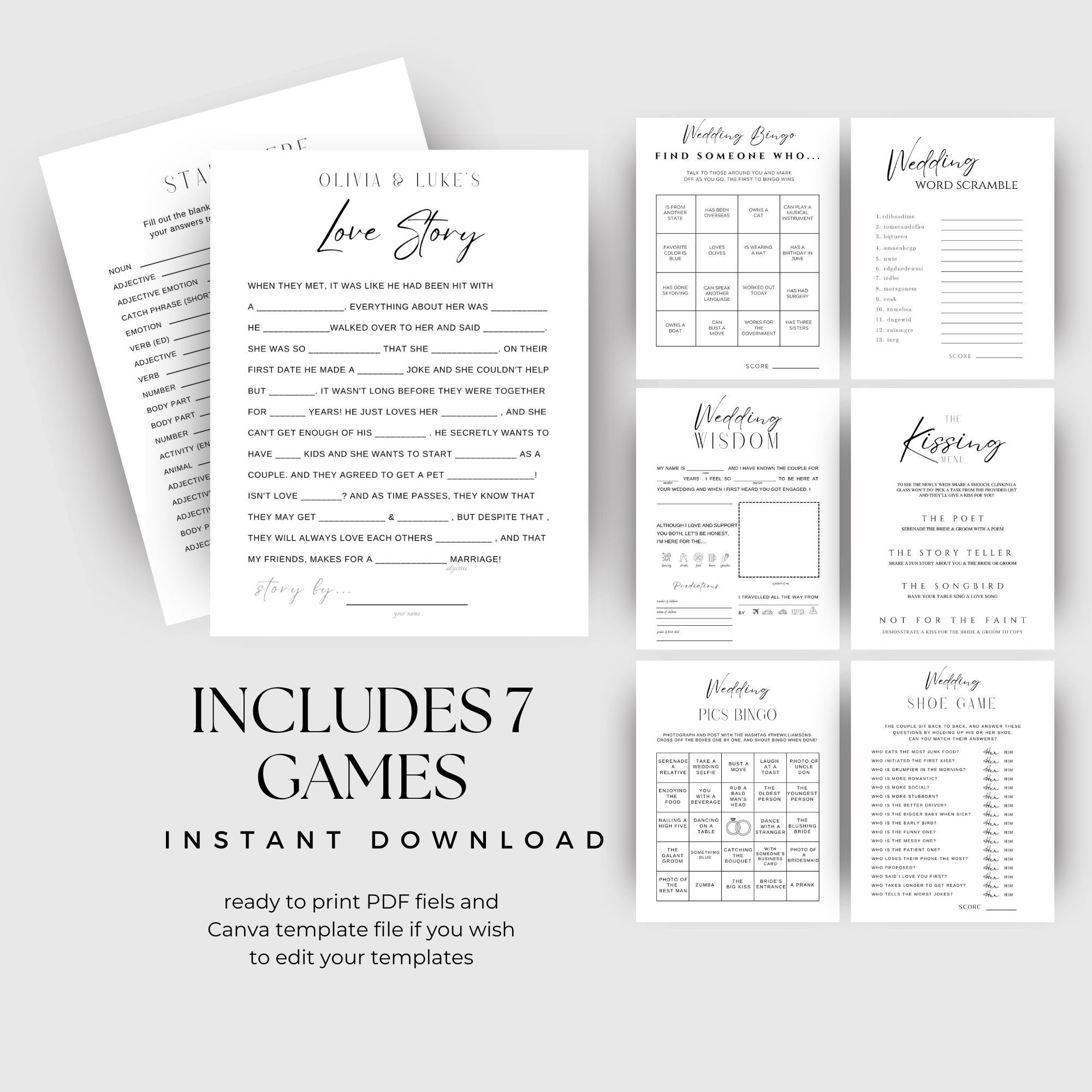 Wedding Table Games Bundle Canva Template Minimalist Games Etsy