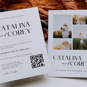 May include: Two wedding invitation cards. One card features the names "CATALINA and COREY" and wedding details. The other card has the same names and photos. The cards are white with black text and images.