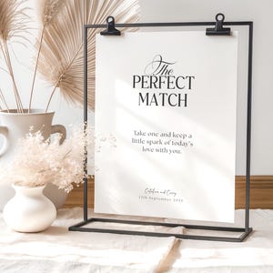 The Perfect Match Wedding Sign, Printable Matchbox Favor Sign Table Decor, Elegant Minimalist Reception Sign Canva Template