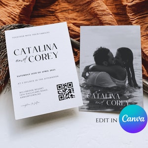 Wedding Invitation canva with QR code and photo template, Minimalist Wedding Invitation, Editable Minimalist Wedding Invite  Modern  Invite