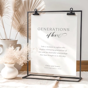 May include: A black metal sign holder displaying a white card with the text "GENERATIONS of love". The sign is clipped at the top and stands on a table. Decorative flowers and vases are in the background.