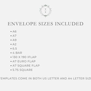 Pu&ograve; includere: Sfondo chiaro con il testo "ENVELOPE SIZES INCLUDED" e un elenco di formati di buste: A6, A7, A9, A2, 6.5, 4 BAR, 130 x 190 IFLAP, A7 EURO FLAP, A7 SQUARE FLAP e 5.75 SQUARE. &Egrave; incluso anche il testo "TEMPLATES COME IN BOTH US LETTER AND A4 LETTER SIZE".