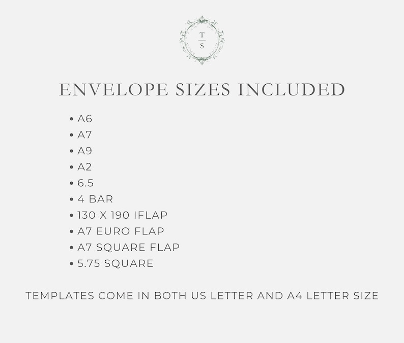 Pu&ograve; includere: Sfondo chiaro con il testo "ENVELOPE SIZES INCLUDED" e un elenco di formati di buste: A6, A7, A9, A2, 6.5, 4 BAR, 130 x 190 IFLAP, A7 EURO FLAP, A7 SQUARE FLAP e 5.75 SQUARE. &Egrave; incluso anche il testo "TEMPLATES COME IN BOTH US LETTER AND A4 LETTER SIZE".