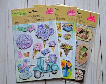 Dimensional, Sparkling Flower Stickers: Garden, Hyrandea, Vintage Styles - Card-making Stickers