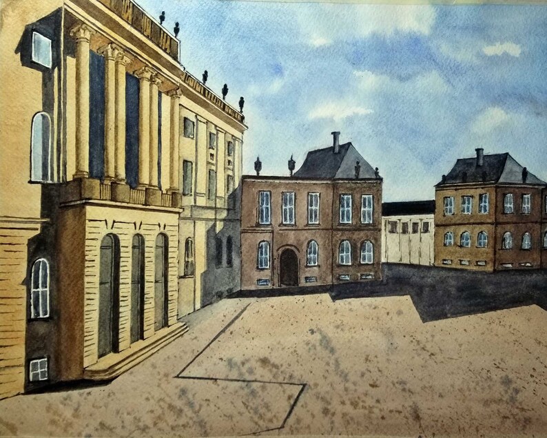 Plazza. Design Museum, Denmark. shops Original Watercolor Painting, Landscape Artwork, Wall Decor, Room Decor, Home Decor