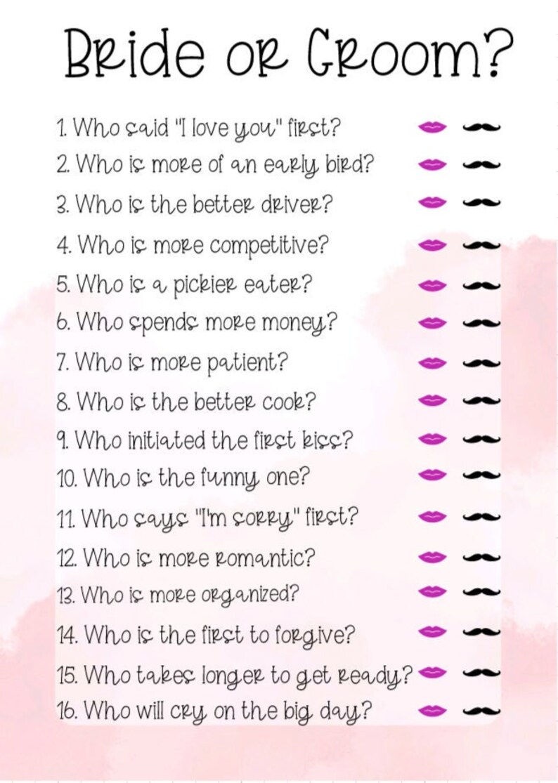 PRINTED Bridal Shower Game Bride or Groom set of 25 Etsy