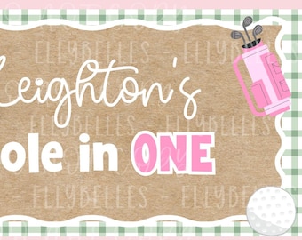 ゴルフのホールインワン1歳の誕生日｜ピンクとグリーンのガーリーなデザイン｜編集可能なCanvaバナーテンプレート