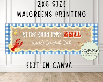 Crawfish Boil Party Gingham | Let the Good Times Boil | Editable Canva | 2x6 Easily Print Online