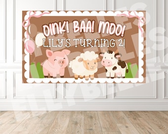 Modello di banner Canva modificabile per il 2° compleanno di Oink Baa Moo