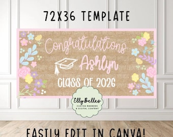 Felicitaciones florales para la generación de graduados de 2026 / Plantilla de banner editable de Canva de 72 x 36
