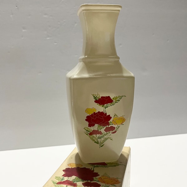 Vintage Avon Imari Extraordinaire Vase with Original Box, Ivory White Milk Glass Look, Red and Yellow Flower Design One Side, Avon Vase