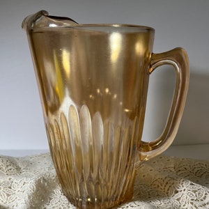 Vintage Floragold Glass 2 Quart Pitcher, Amber Pitcher, Iridescent Orange Marigold Glass, Carnival 64 ounce Tea or Water Pitcher, Item 325