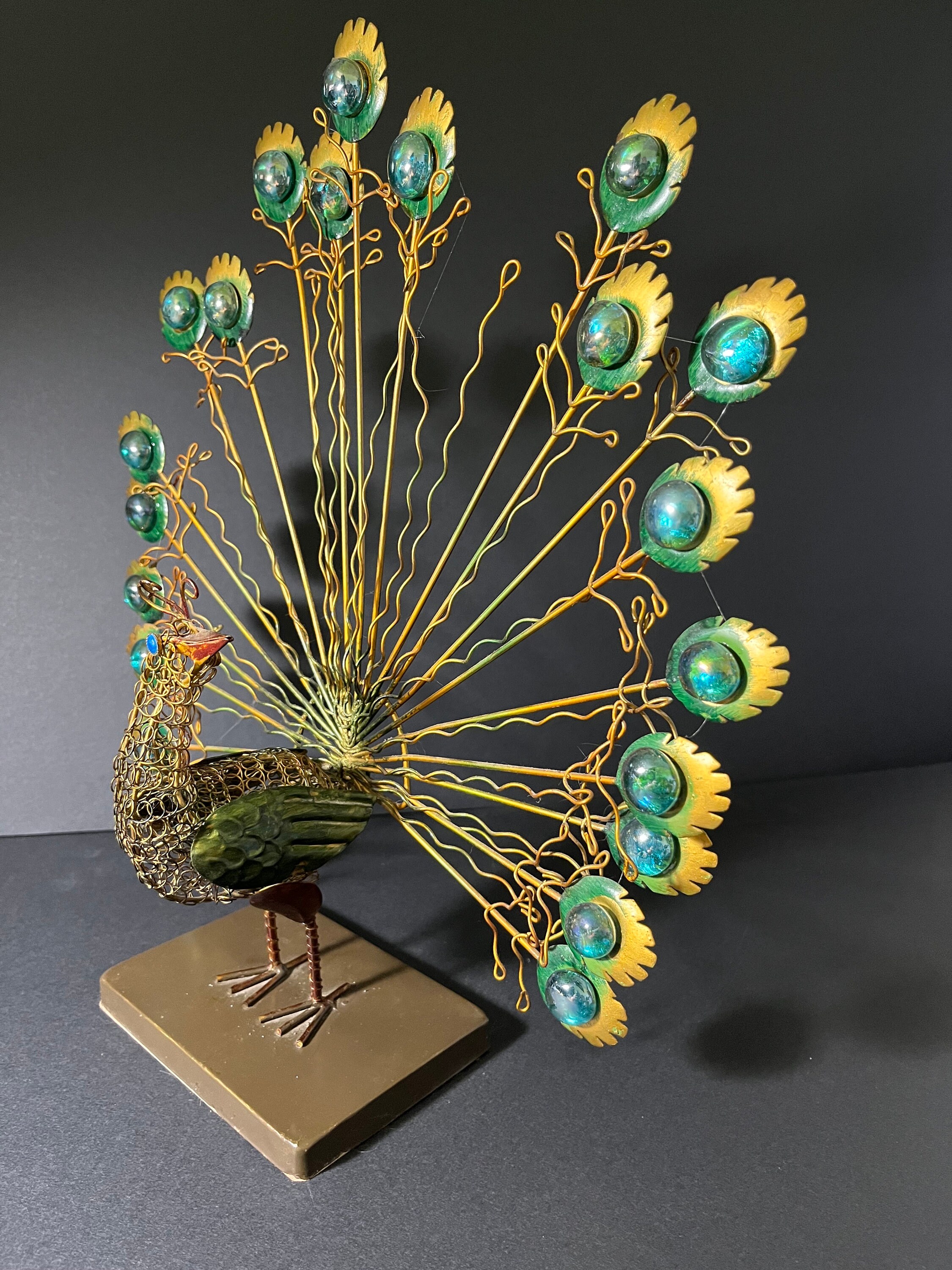 Vintage Peacock Wire Sculpture, Metal Peacock, Gold Blue Green Metal