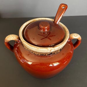 Vintage McCoy 342 Bean Pot with 342 Lid and Spoon 1960s Brown Drip Stoneware complete 3 pieces Country Kitchen Cook Pot Casserole Farmhouse