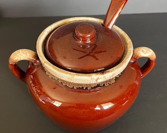 Vintage McCoy 342 Bean Pot with 342 Lid and Spoon 1960s Brown Drip Stoneware complete 3 pieces Country Kitchen Cook Pot Casserole Farmhouse