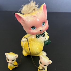 Kreiss & Company Cat with 2 Kittens Ceramic Vintage, 1950s Japan, Yellow White Pink with Green Rhinestone Eyes, Momma Cat has Fur on Head