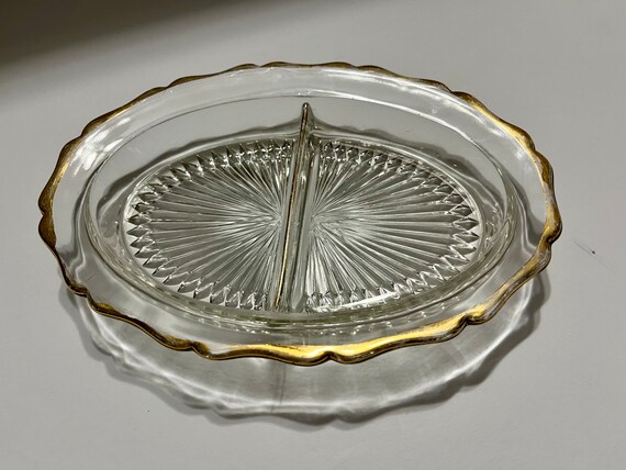Vintage Clear Glass Tray With Gold Trim, Oval Clear Glass Dish, Relish Tray, Appetizer Dish, Candy Dish, 2 Compartment Dish, Starburst