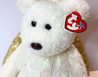 Ty Beanie Buddy 2000 Halo II Plush Stuffed Angel Bear wTags 14" Iridescent Fur and Gold, Christmas Collectible Soft Cuddly, Kids & Adults