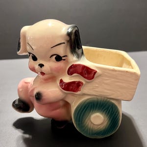 Vintage Dog Pulling Cart Planter 1950s to early 60s Painted & Glazed Ceramic Porcelain Planter, Porcelain Air Plant Container, Plant Pot