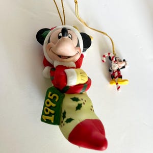 1995 Enesco Mickey Mouse Porcelain Christmas Ornament, Mickey in Christmas Stocking, Comes With a Miniature Mickey Decoration, Set of 2