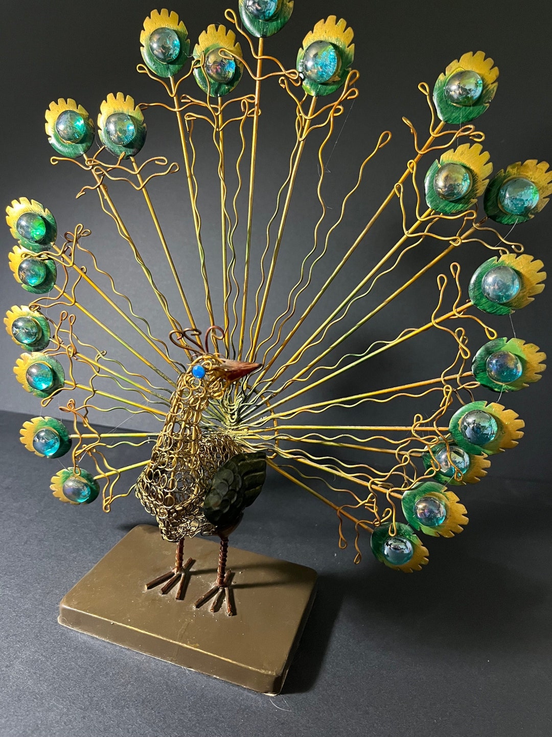 Vintage Peacock Wire Sculpture Metal Peacock Gold Blue Green Etsy