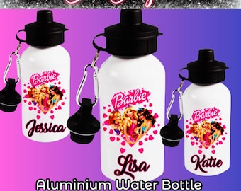 Barbie Princess Hearts Personalised With Name Drinks Water Bottle Aluminium Children's Kids School