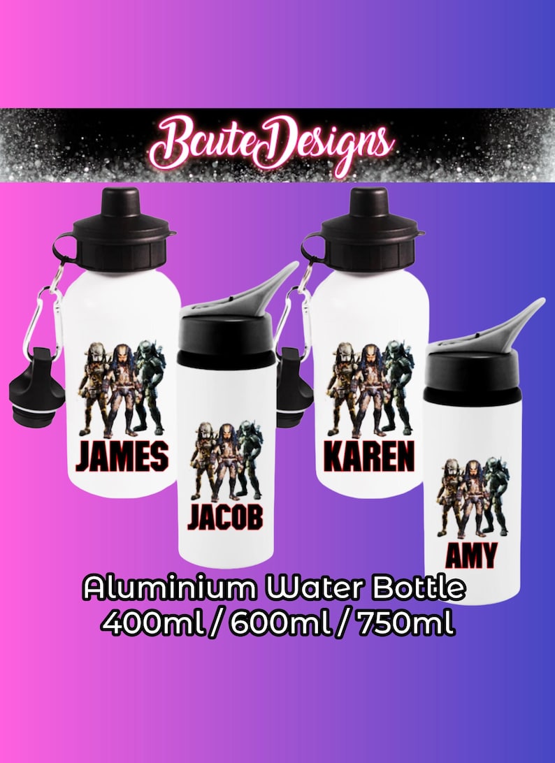 Predator Alien Themed Personalised Name Drinks Water Bottle Aluminium ...