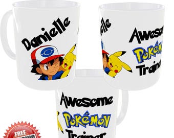 Pokemon Personalised Name Pikachu Ash Ceramic Mug Trainer Any Name or Word 11oz