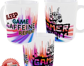 Gaming Gamer Sleep Game Caffeine Repeat Ceramic Mug Novelty Gift Games Console PC