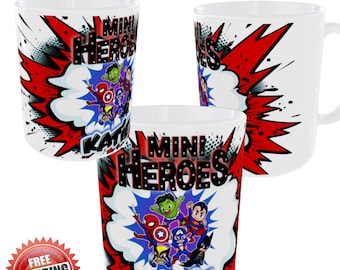 DC Mini Super Heroes Comic Style Personalised With Name Ceramic Mug Novelty Children's 11oz