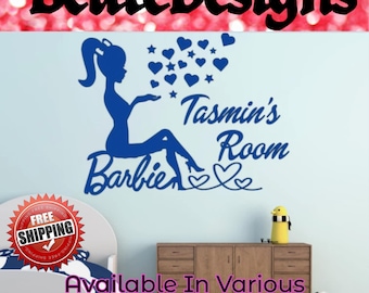 Personalised Barbie room wall Name vinyl decal sticker hearts and stars silhouette children's kids room