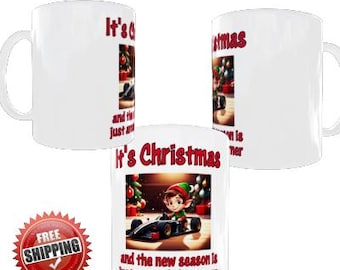 F1 Formula One Themed It's Christmas New Season Round The Corner Elf Ceramic Mug Gift
