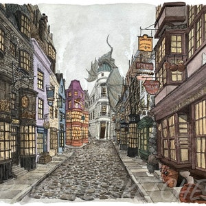 May include: A watercolor illustration of a cobblestone street in a fantasy town. The street is lined with buildings with colorful facades and signs. A dragon head is visible above the buildings.