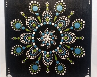 Mandala Dotting Art - Original on Canvas – Blue Green White #093