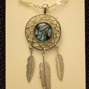 Dreamcatcher Acrylic Art Cabochon Pendant - Silver Tone w/Art Flow in Black Silver and Blue - # 237