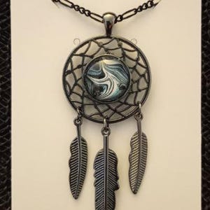 Dreamcatcher Acrylic Art Cabochon Pendant - Black Tone w/Art Flow in White, Blue and Silver - # 230