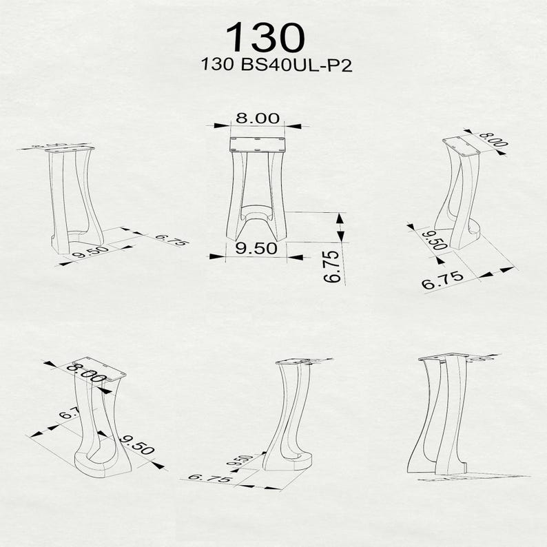 May include: Line drawing of a furniture leg with dimensions. The leg is 9.50 inches long, 8.00 inches wide, and 6.75 inches deep. The text "130" and "130 BS40UL-P2" are at the top.