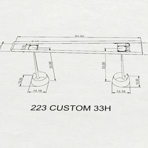 May include: A technical line drawing of a table with two pedestal bases, labeled 223 CUSTOM 33H. The diagram displays dimensions in inches, including a 94.00 inch length, 33.00 inch height, and base measurements of 14.16 inches by 13.00 inches.
