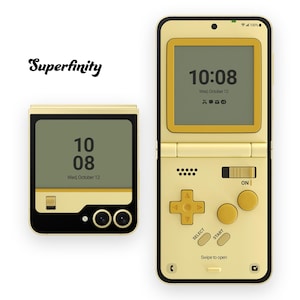 Tapeta na Galaxy Z Flip Yellow Portable Game System | Tło przenośnej konsoli do gier | Kompaktowa okładka ekranu do gier mobilnych w stylu retro