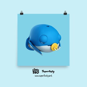 Poster di balena addormentata con bambino carino / Arte di peluche 3D kawaii / Bellissimo animale marino blu / Piccolo neonato che si coccola / Decorazione da sogno / Piccolo Teo