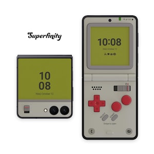 May include: Two smartphones, one folded and one open, both featuring a retro video game console design. The open phone displays the time, 10:08, on a green screen. The design includes red buttons and the text "Superfinity".