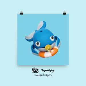 Poster di balena giocattolo per bambini / Arte di animali marini per neonati / Adorabile decorazione da parete per la cameretta dei bambini / Stampa kawaii dell'oceano / Giocosa opera d'arte blu / Piccolo Teo