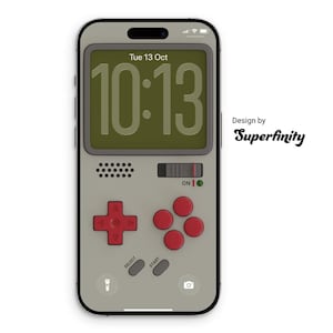 May include: A smartphone with a retro video game design. The phone case is light gray with red buttons and a green screen displaying the time and date. The design includes the text "Design by Superfinity".