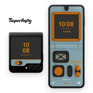 May include: A blue and orange retro-style phone with a flip-up screen. The screen displays the time, "10:08", and the date, "Wed, October 12". The phone also has a button that says "Swipe to open".